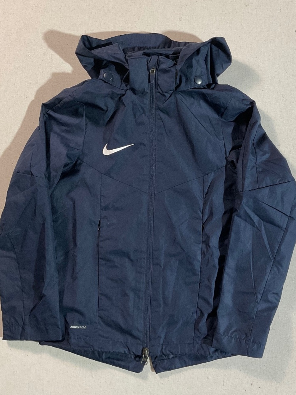 Nike Shield Kids Navy Rain Jacket Size 8-10 Hooded Storm Resistant